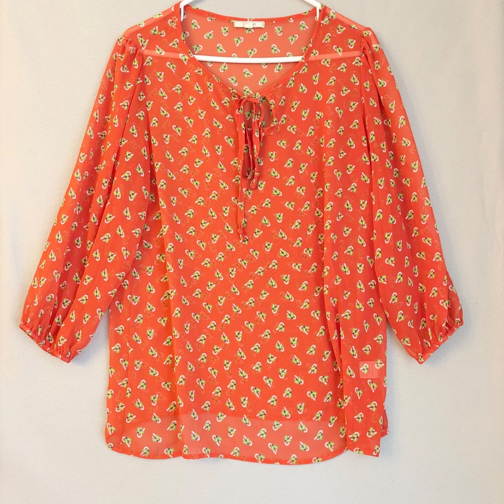 Pleione Orange Floral Chiffon Tie Neck Blouse Boho Chic Top Made in USA Medium